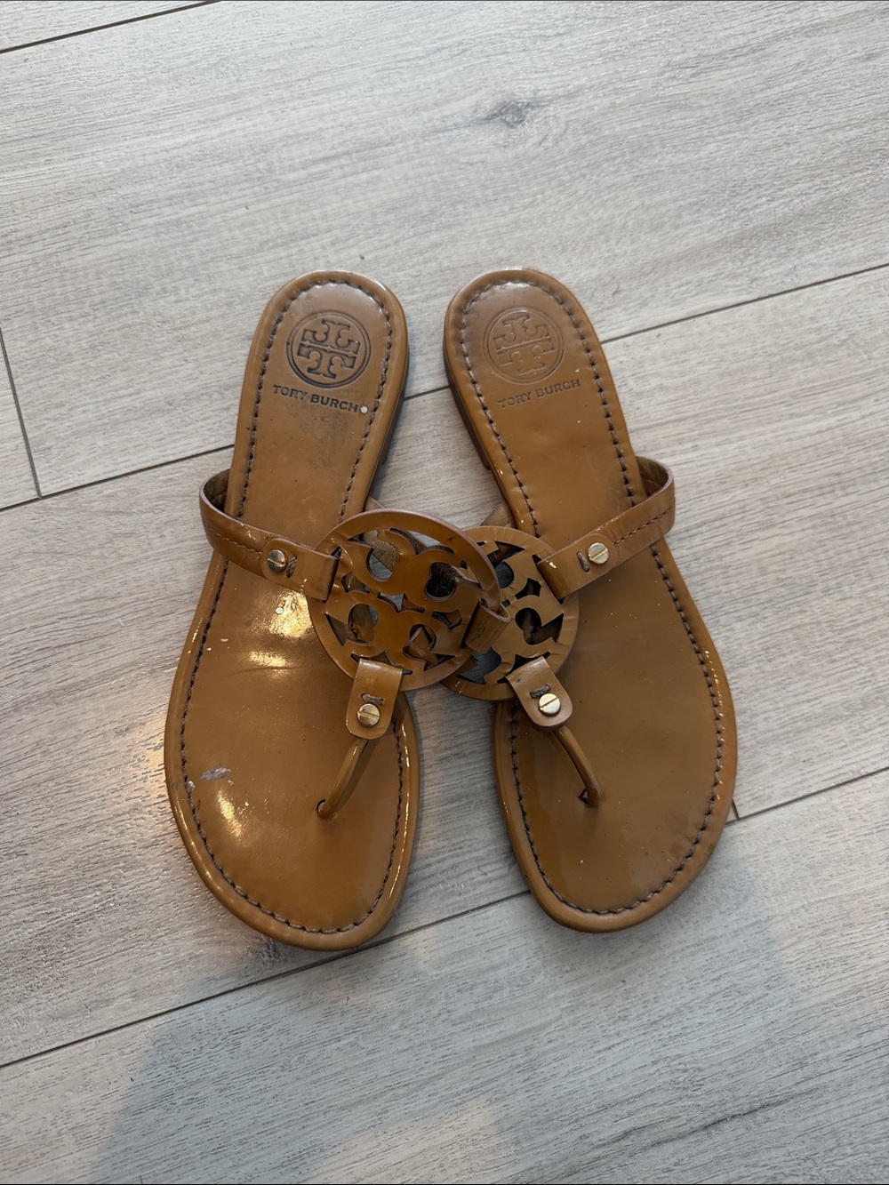Tory Burch Cognac Miller Logo Thong Sandals
